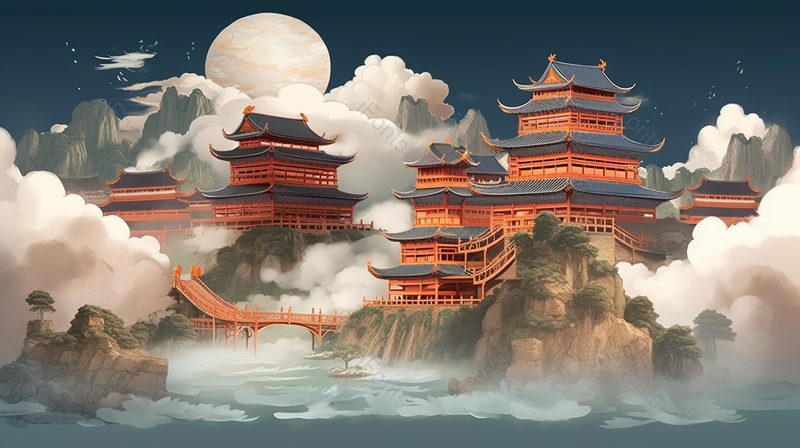 中国风国潮建筑插画背景,插画/手绘图,插画/手绘图库,插画/手绘图下载,插画/手绘